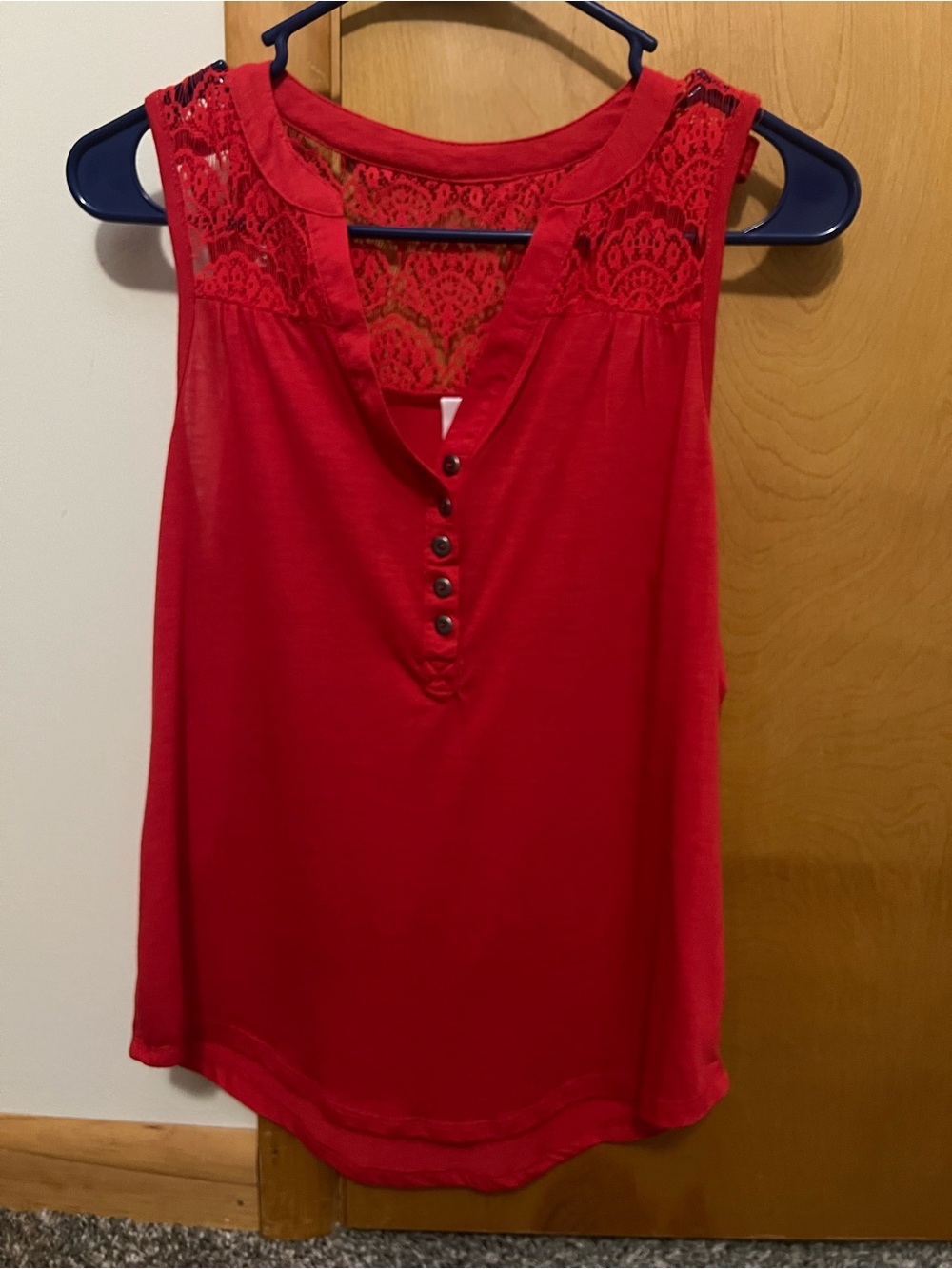 No Boundaries Red Sleeveless Lace Yoke Henley Tank